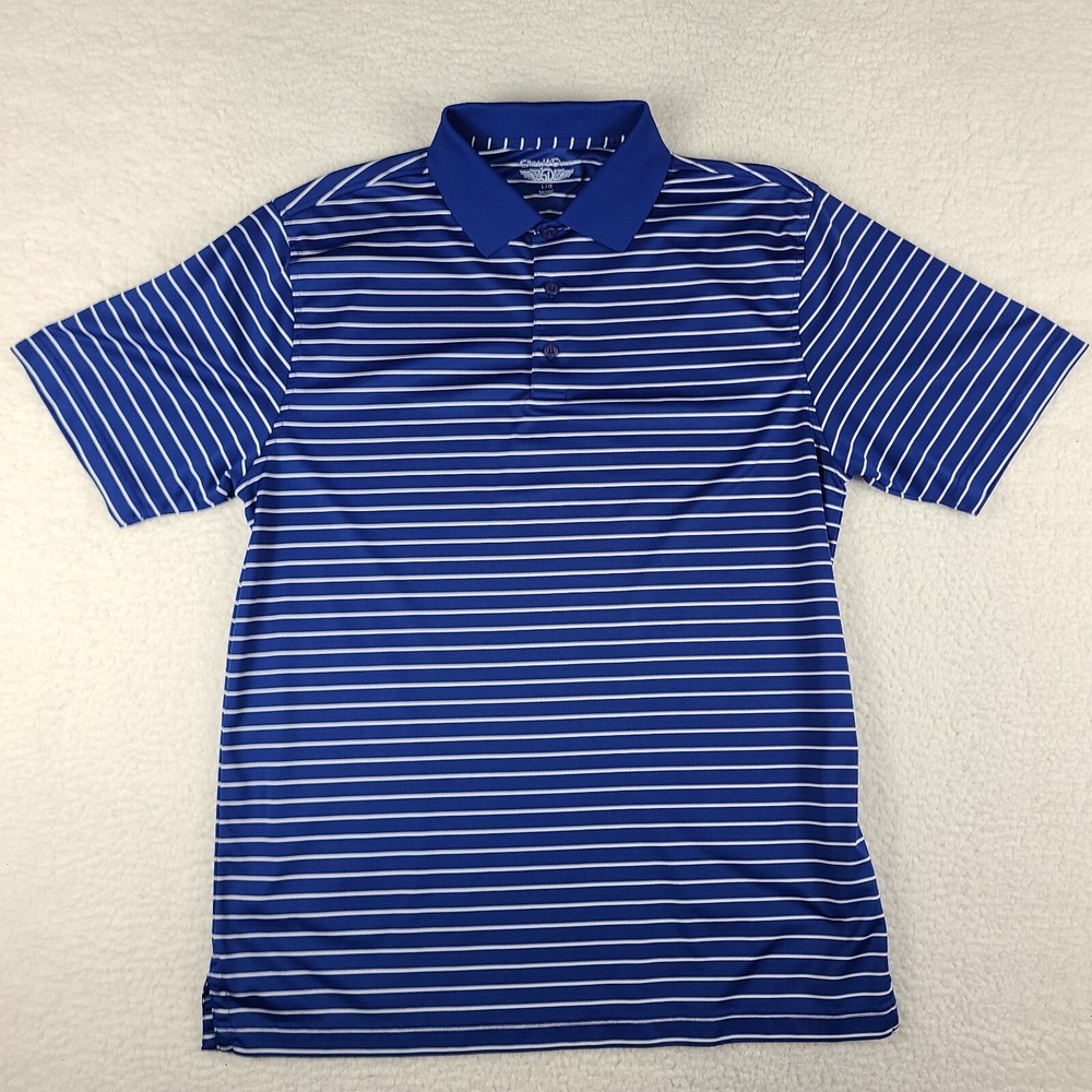 Straight Down Polo Shirt Mens Large Blue White Striped Performance Short‎ Sleeve